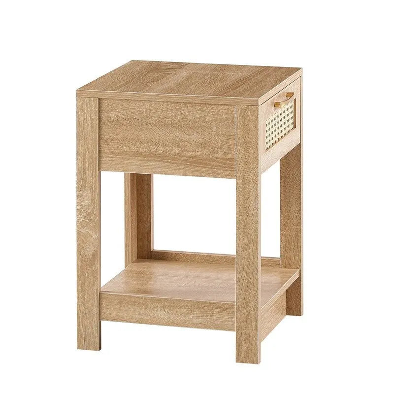 Square Rattan & MDF Nightstand with Storage Drawer – Rustic Brown / Black / Natural / White
