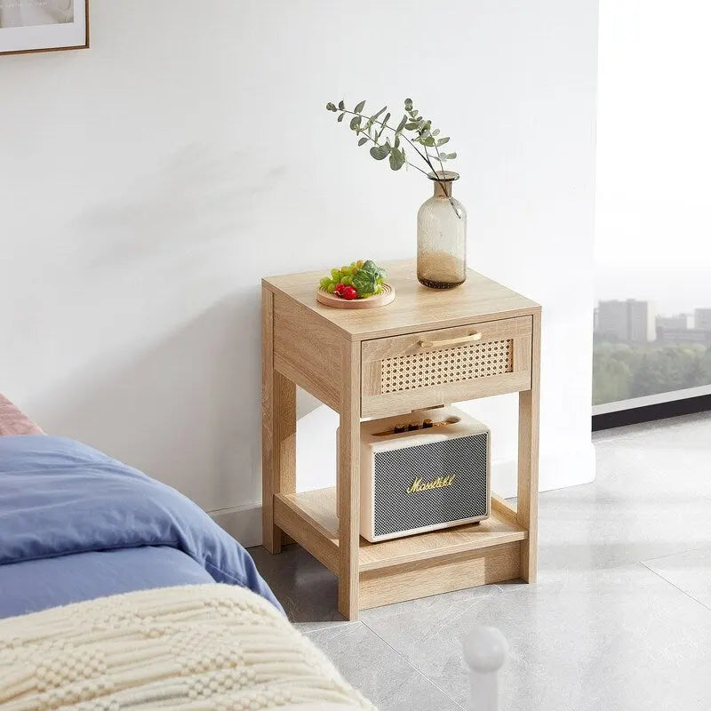 Square Rattan & MDF Nightstand with Storage Drawer – Rustic Brown / Black / Natural / White