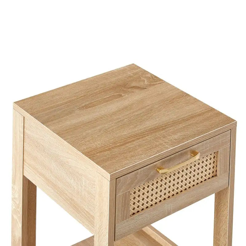 Square Rattan & MDF Nightstand with Storage Drawer – Rustic Brown / Black / Natural / White