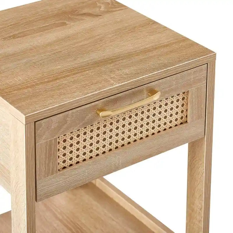 Square Rattan & MDF Nightstand with Storage Drawer – Rustic Brown / Black / Natural / White