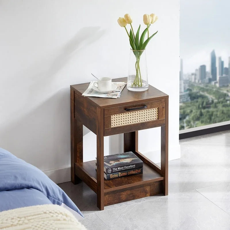 Square Rattan & MDF Nightstand with Storage Drawer – Rustic Brown / Black / Natural / White