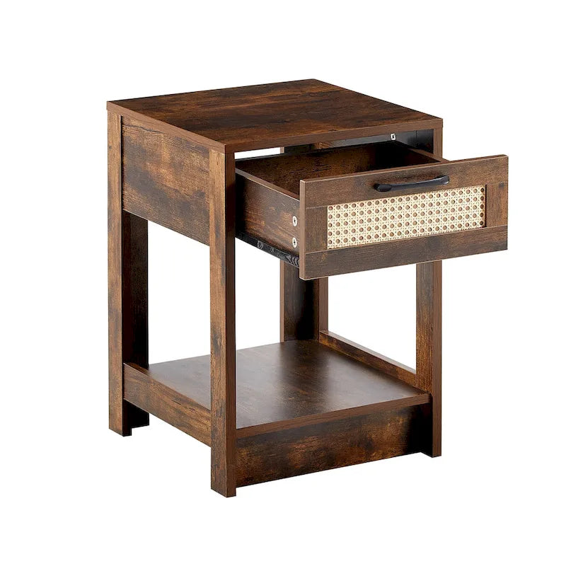 Square Rattan & MDF Nightstand with Storage Drawer – Rustic Brown / Black / Natural / White