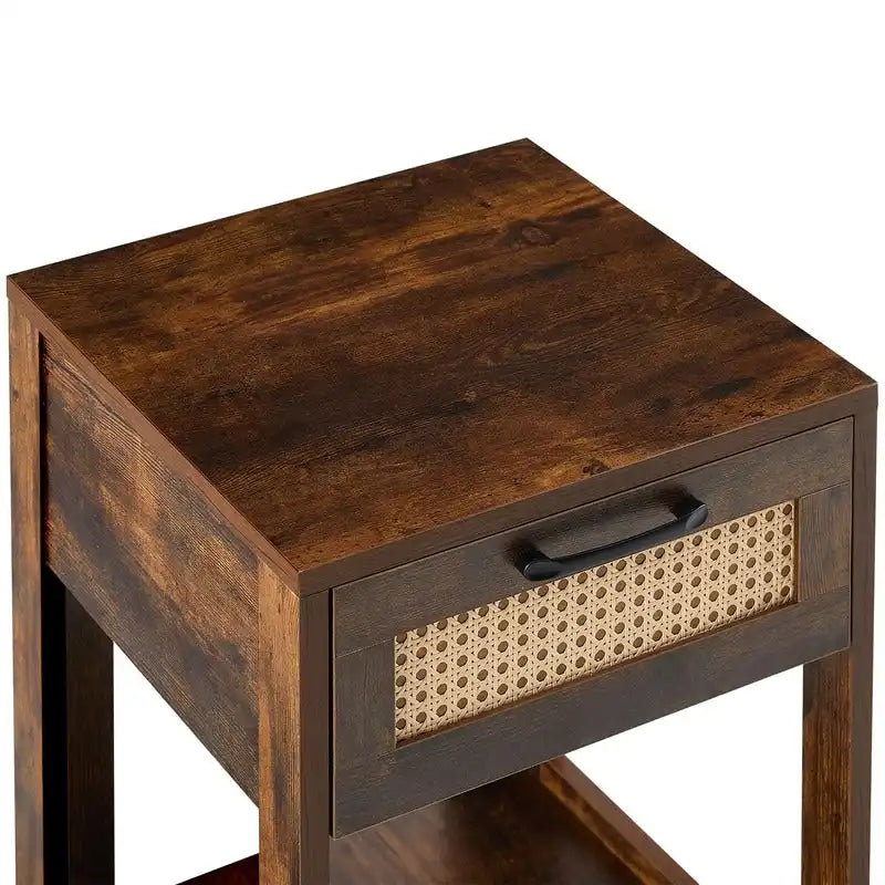 Square Rattan & MDF Nightstand with Storage Drawer – Rustic Brown / Black / Natural / White
