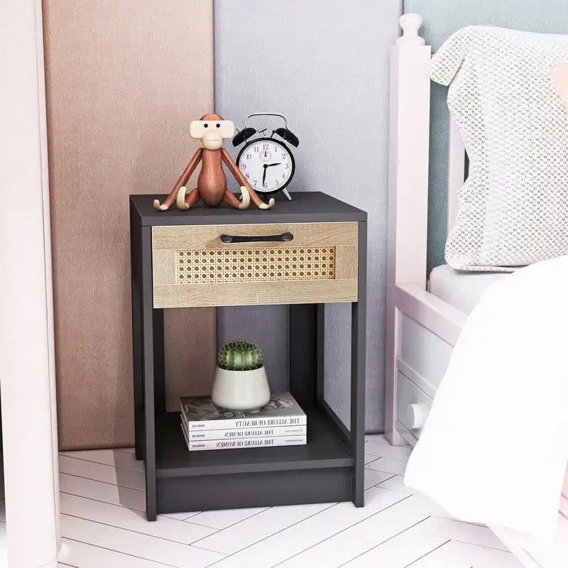 Square Rattan & MDF Nightstand with Storage Drawer – Rustic Brown / Black / Natural / White