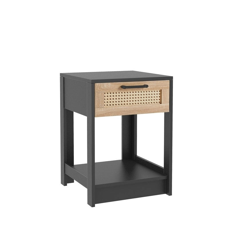 Square Rattan & MDF Nightstand with Storage Drawer – Rustic Brown / Black / Natural / White