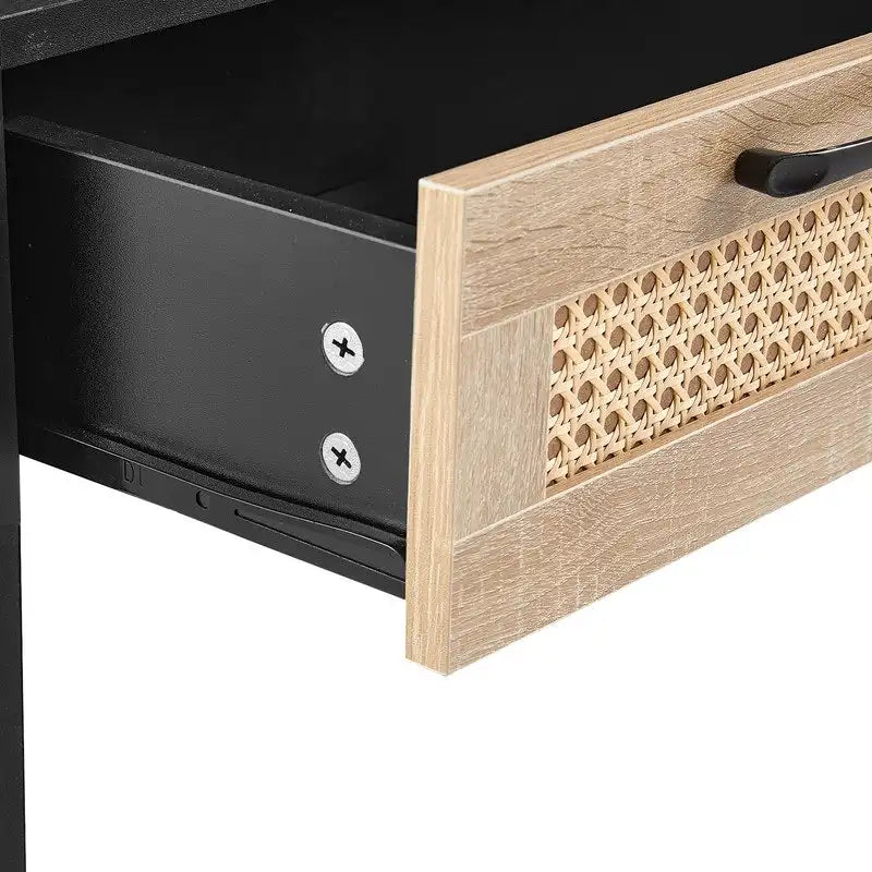 Square Rattan & MDF Nightstand with Storage Drawer – Rustic Brown / Black / Natural / White