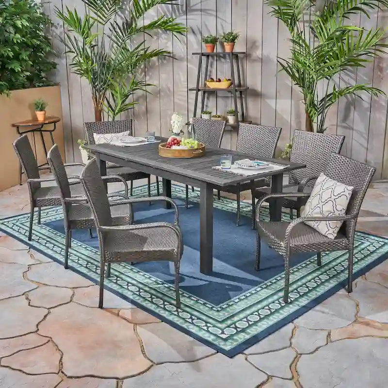 Hayes Outdoor 9 Piece Wood and Wicker Expandable Dining Set by Christopher Knight Home