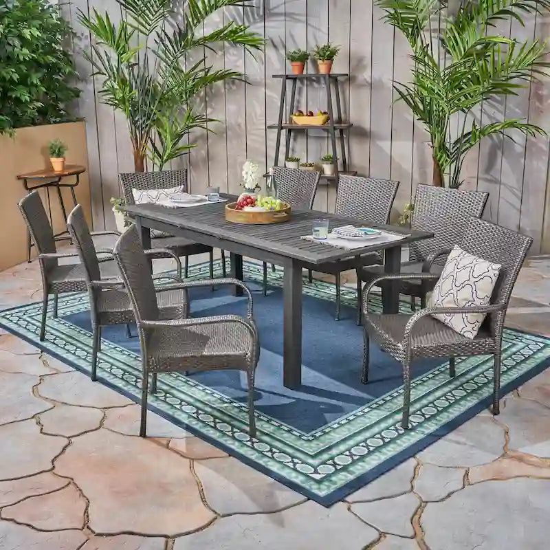 Hayes Outdoor 9 Piece Wood and Wicker Expandable Dining Set by Christopher Knight Home