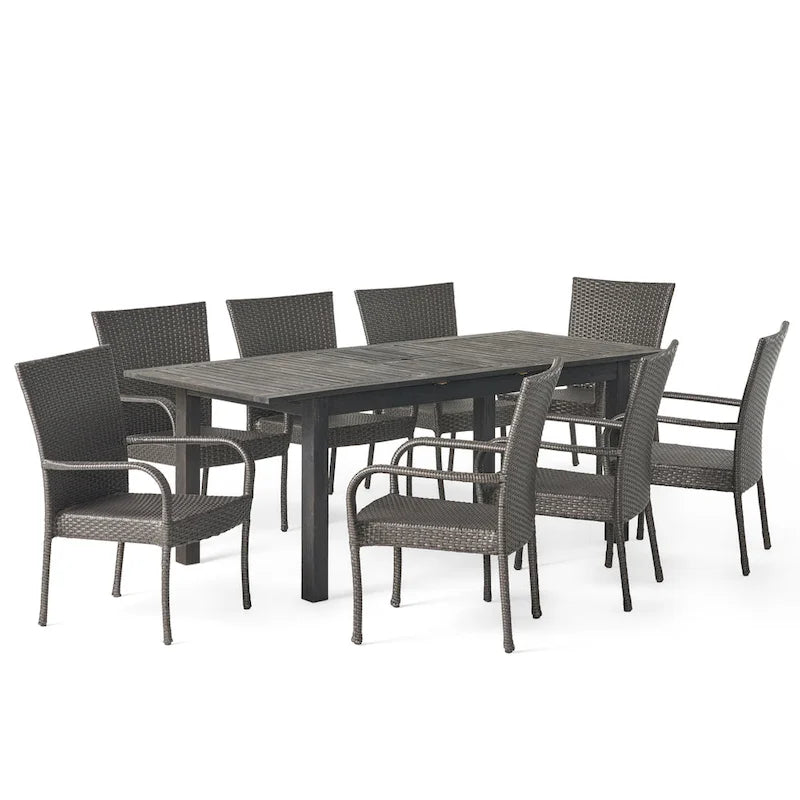 Hayes Outdoor 9 Piece Wood and Wicker Expandable Dining Set by Christopher Knight Home