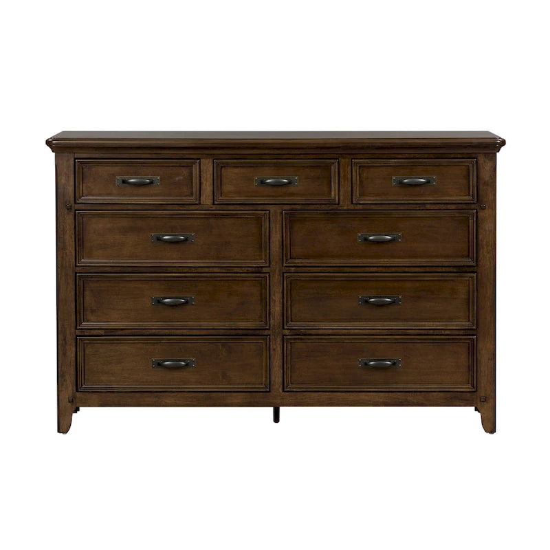 9-Drawer Rubberwood Dresser with Beveled Mirror – Tobacco / Dark Brown