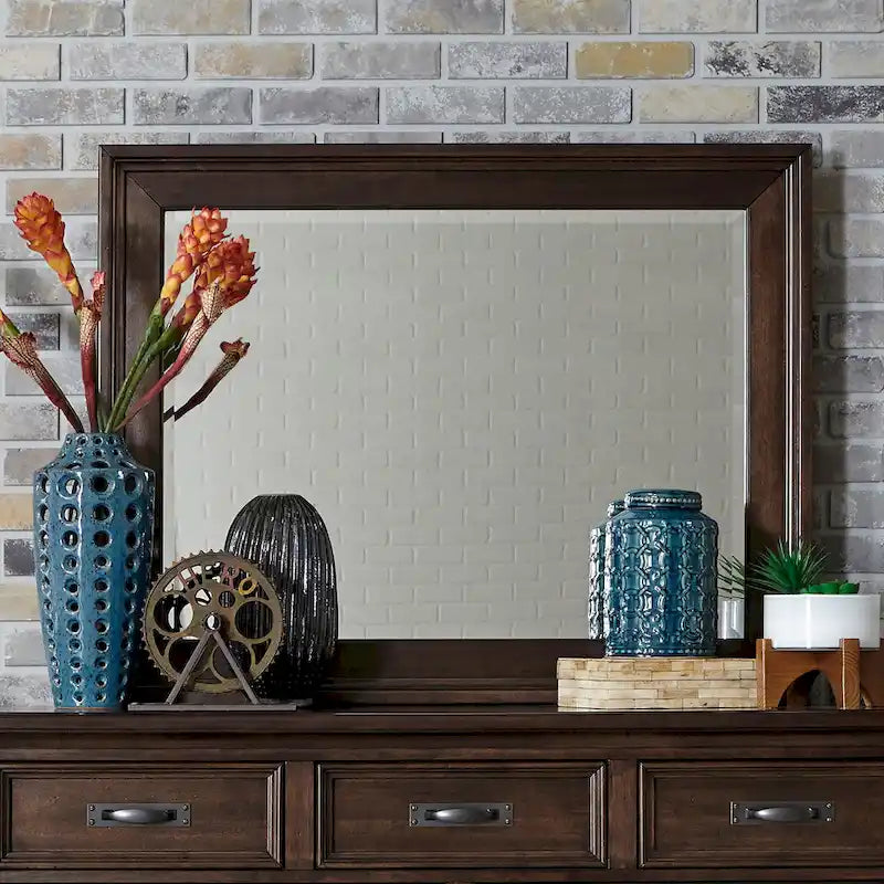 9-Drawer Rubberwood Dresser with Beveled Mirror – Tobacco / Dark Brown