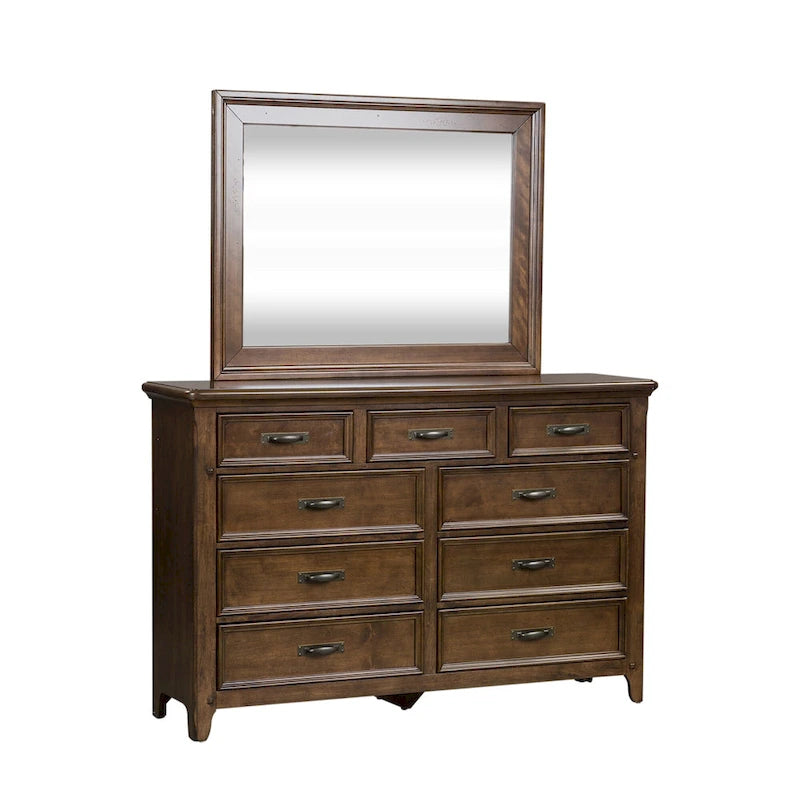 9-Drawer Rubberwood Dresser with Beveled Mirror – Tobacco / Dark Brown