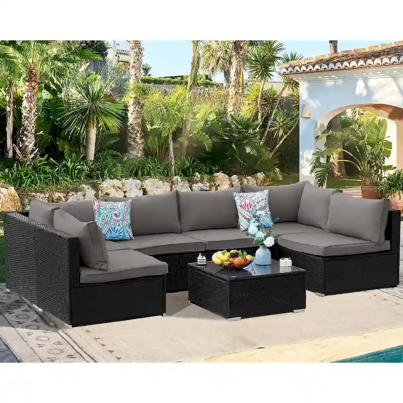 Outdoor Black Wicker 7-Piece Sofa Set with Gray Cushions
