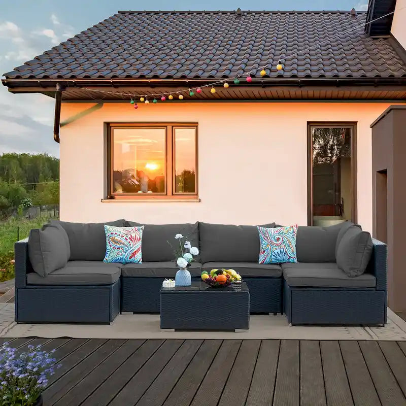 Outdoor Black Wicker 7-Piece Sofa Set with Gray Cushions