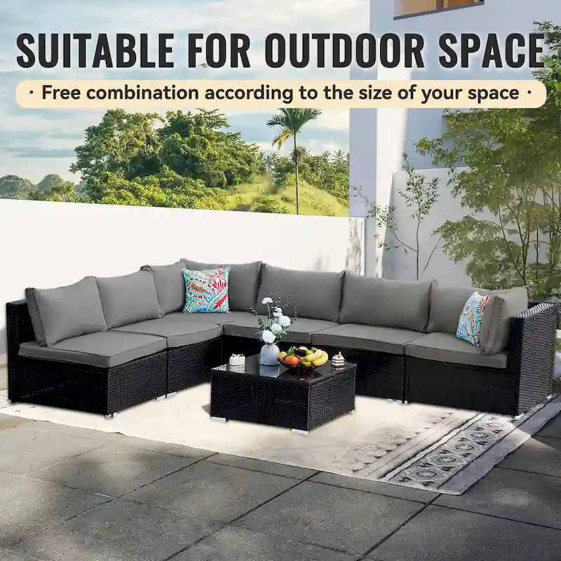 Outdoor Black Wicker 7-Piece Sofa Set with Gray Cushions