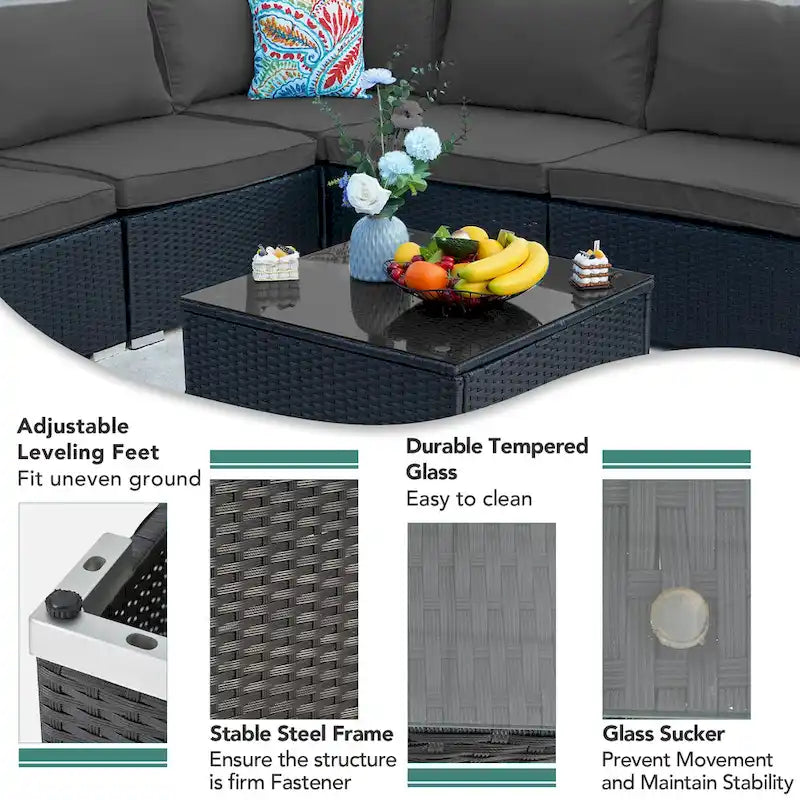Outdoor Black Wicker 7-Piece Sofa Set with Gray Cushions