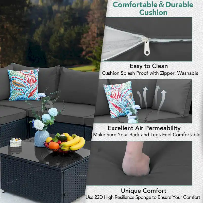 Outdoor Black Wicker 7-Piece Sofa Set with Gray Cushions