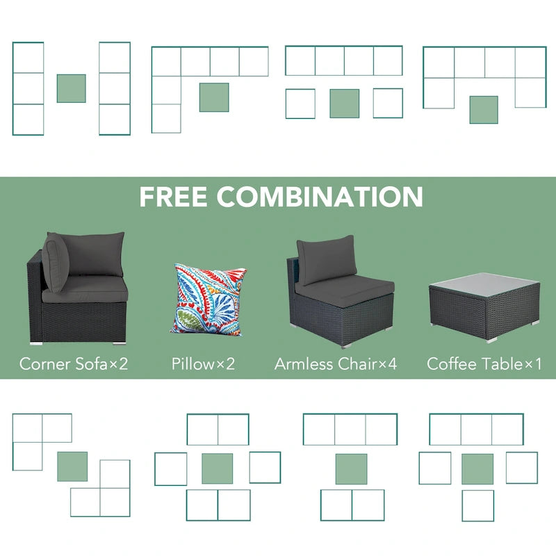 Outdoor Black Wicker 7-Piece Sofa Set with Gray Cushions