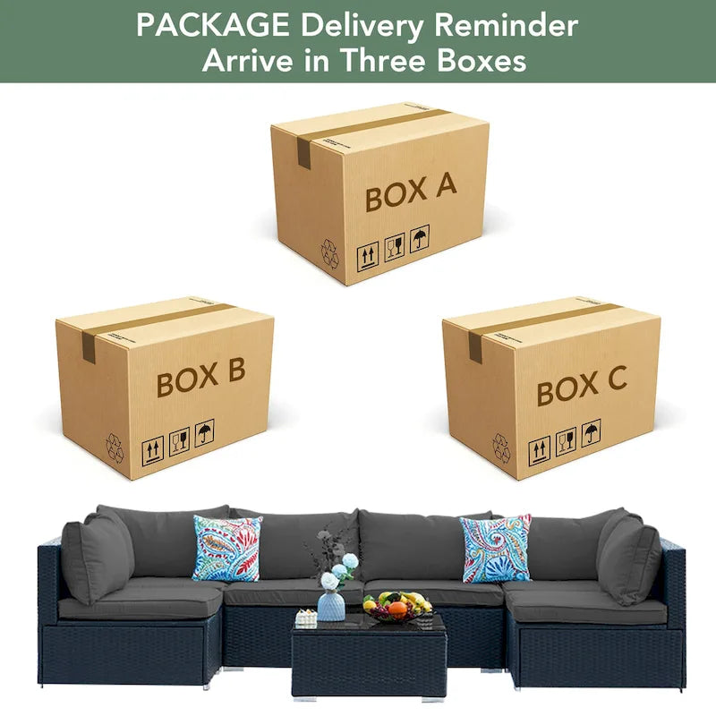 Outdoor Black Wicker 7-Piece Sofa Set with Gray Cushions