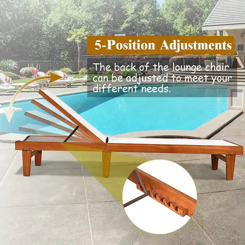 Outdoor Wood Chaise Lounge Chair Patio Recliner with Adjustable Back
