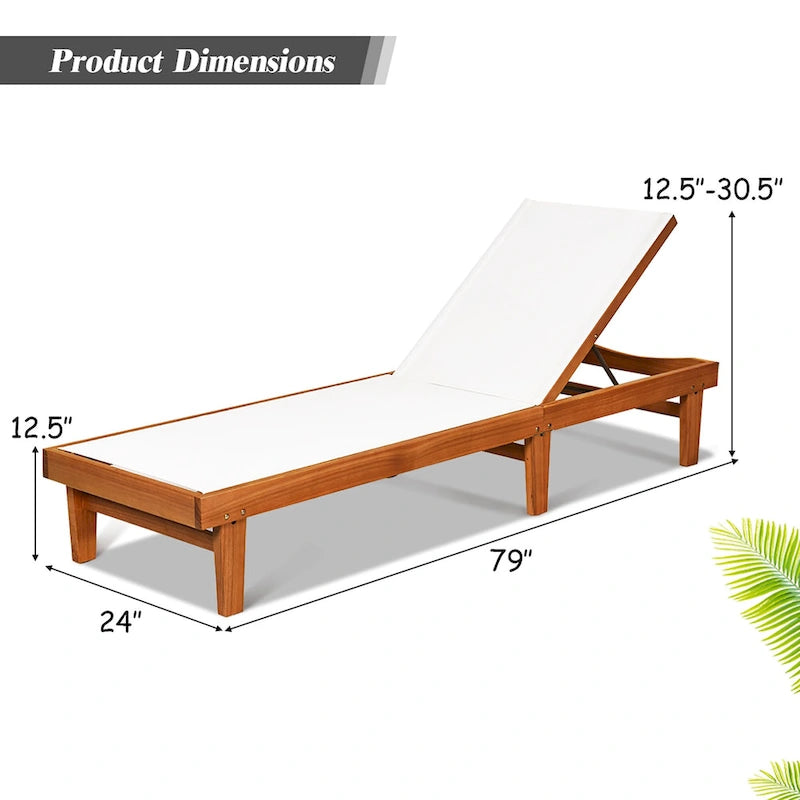 Outdoor Wood Chaise Lounge Chair Patio Recliner with Adjustable Back