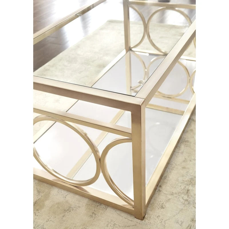 Gold Metal & Tempered Glass Coffee Table with Mirror Shelf – Gold