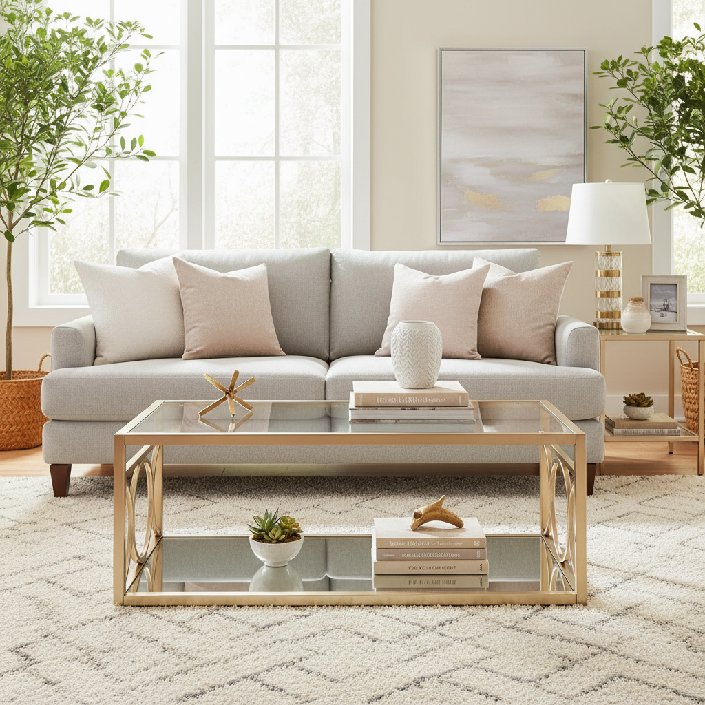 Gold Metal & Tempered Glass Coffee Table with Mirror Shelf – Gold