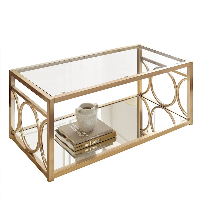 Gold Metal & Tempered Glass Coffee Table with Mirror Shelf – Gold