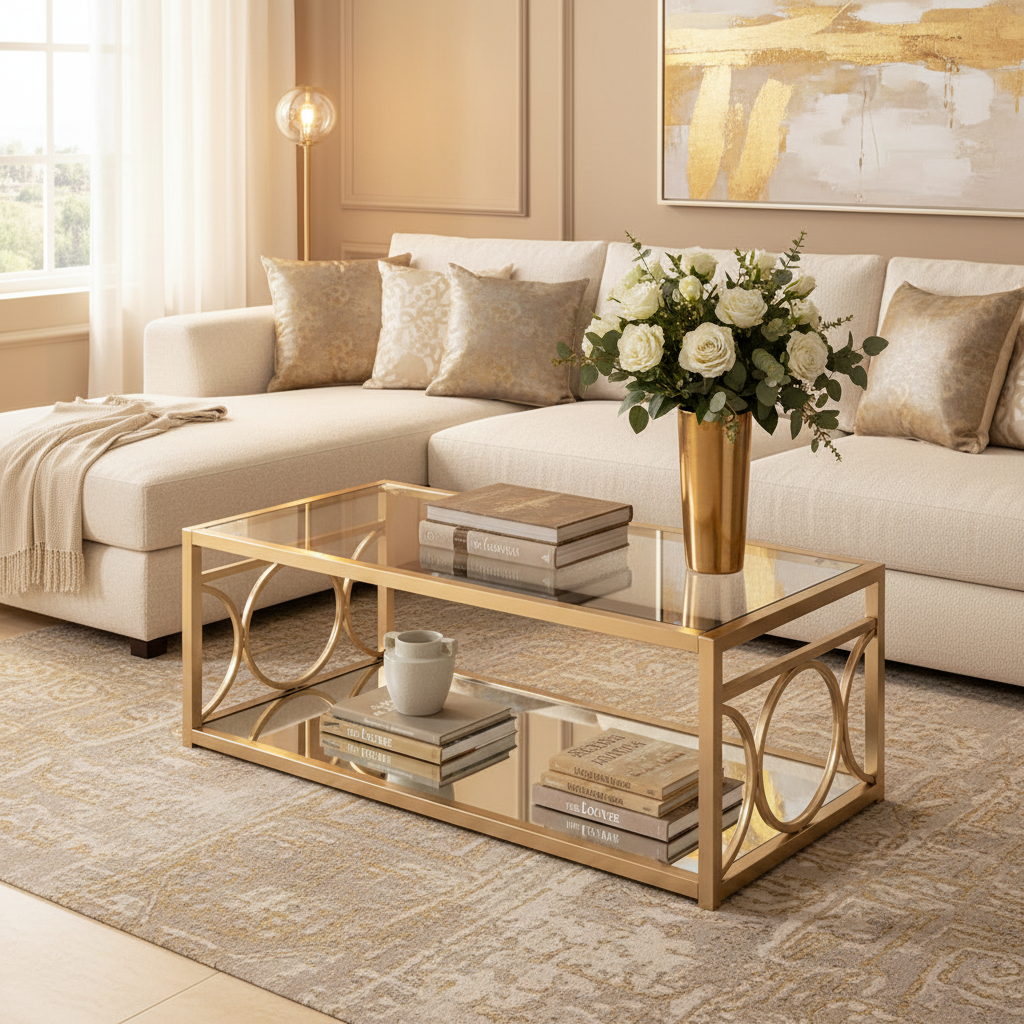 Gold Metal & Tempered Glass Coffee Table with Mirror Shelf – Gold