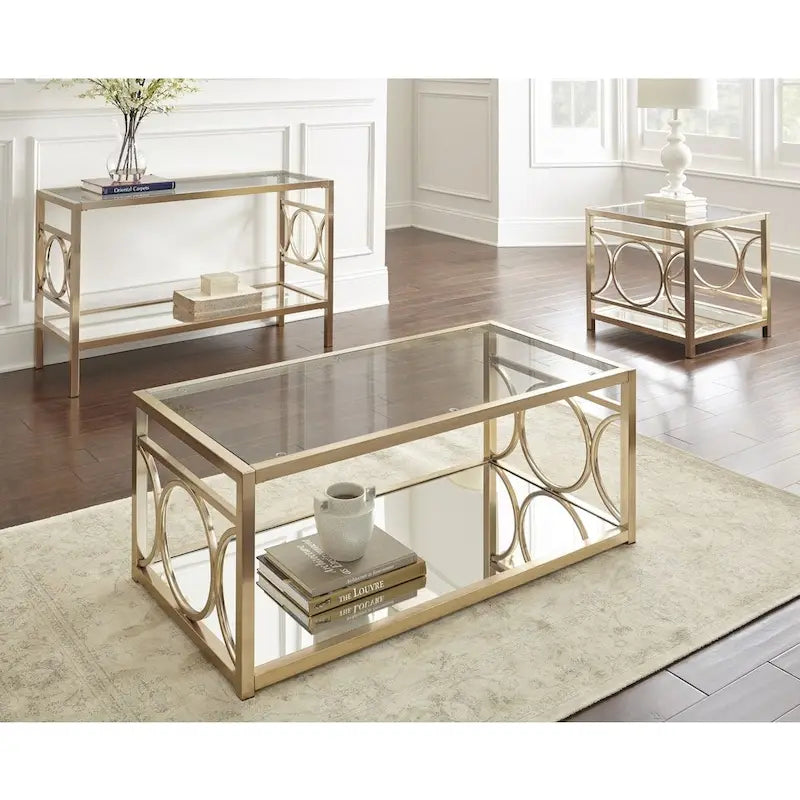 Gold Metal & Tempered Glass Coffee Table with Mirror Shelf – Gold