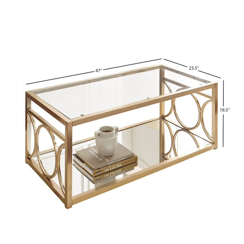 Gold Metal & Tempered Glass Coffee Table with Mirror Shelf – Gold
