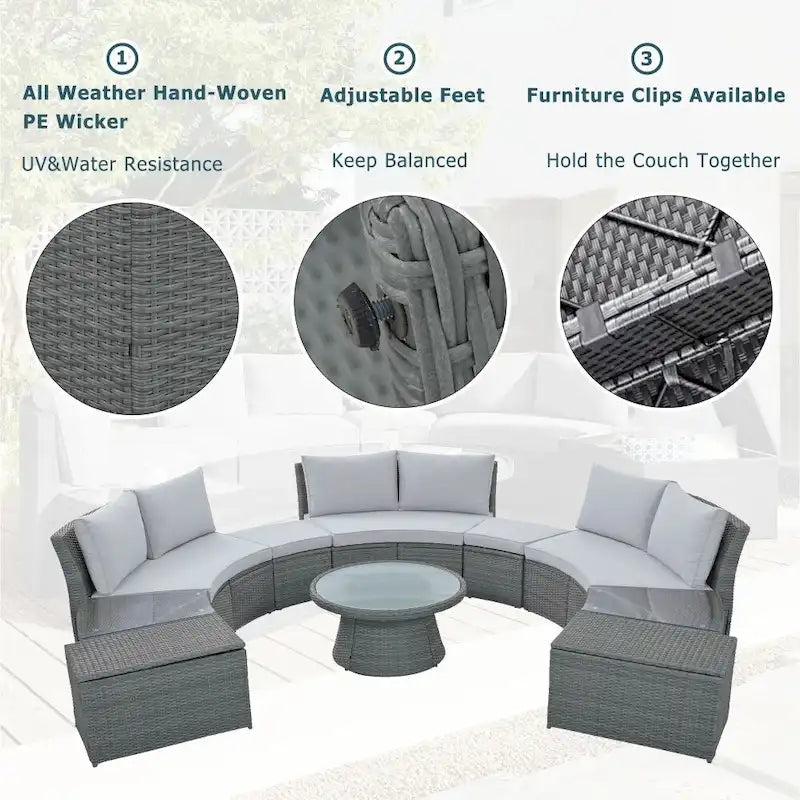 Abrihome 10-Piece Outdoor Sectional Half Round Patio Rattan Sofa Set,Light Gray