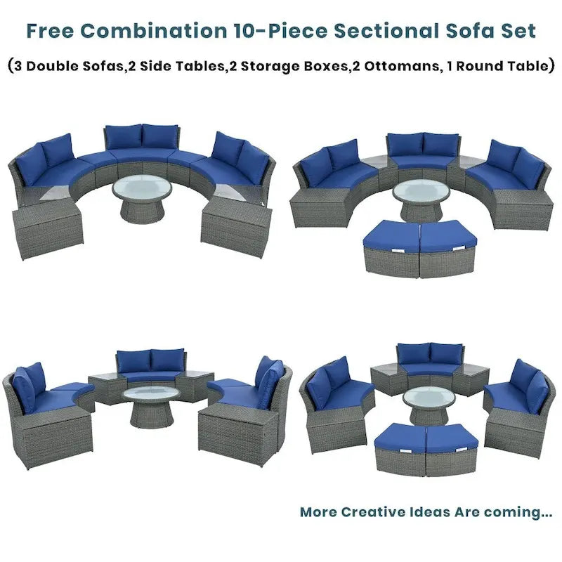 Abrihome 10-Piece Outdoor Sectional Half Round Patio Rattan Sofa Set,Light Gray