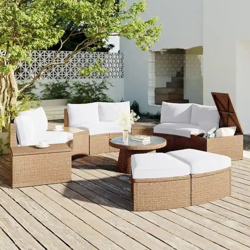 Abrihome 10-Piece Outdoor Sectional Half Round Patio Rattan Sofa Set,Light Gray