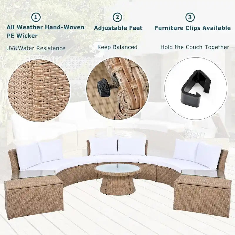 Abrihome 10-Piece Outdoor Sectional Half Round Patio Rattan Sofa Set,Light Gray