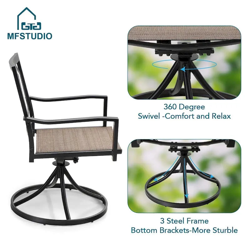 5 Pieces Patio Dining Set, 4 Sling Swivel Chairs and Outdoor/Indoor Multi Role Metal 37  Square Table with 1.57  Umbrella Hole