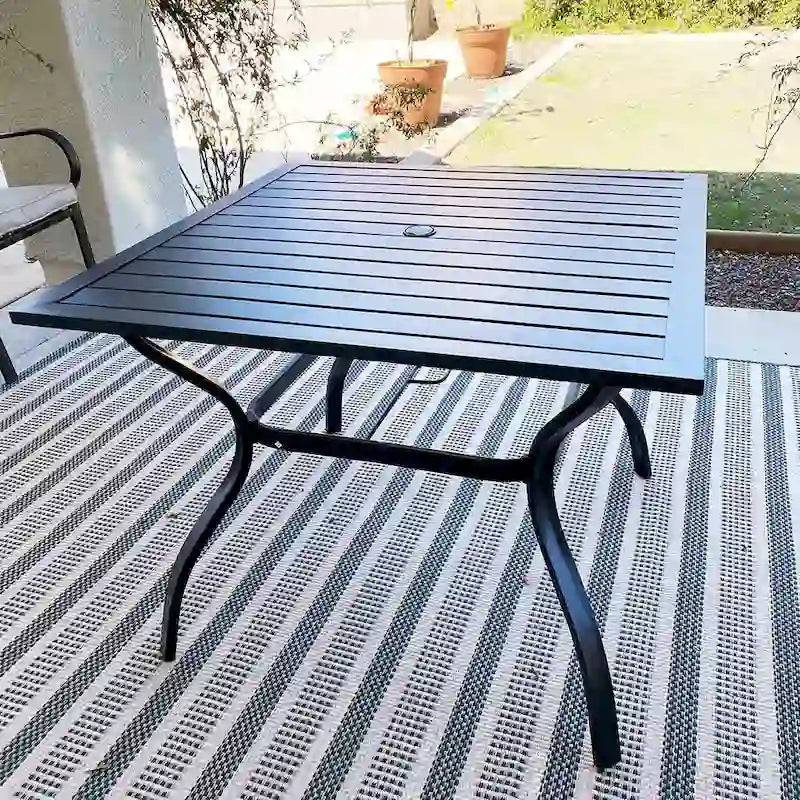 5 Pieces Patio Dining Set, 4 Sling Swivel Chairs and Outdoor/Indoor Multi Role Metal 37  Square Table with 1.57  Umbrella Hole