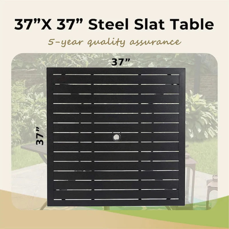 5 Pieces Patio Dining Set, 4 Sling Swivel Chairs and Outdoor/Indoor Multi Role Metal 37  Square Table with 1.57  Umbrella Hole