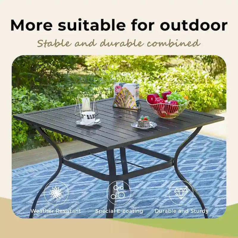 5 Pieces Patio Dining Set, 4 Sling Swivel Chairs and Outdoor/Indoor Multi Role Metal 37  Square Table with 1.57  Umbrella Hole