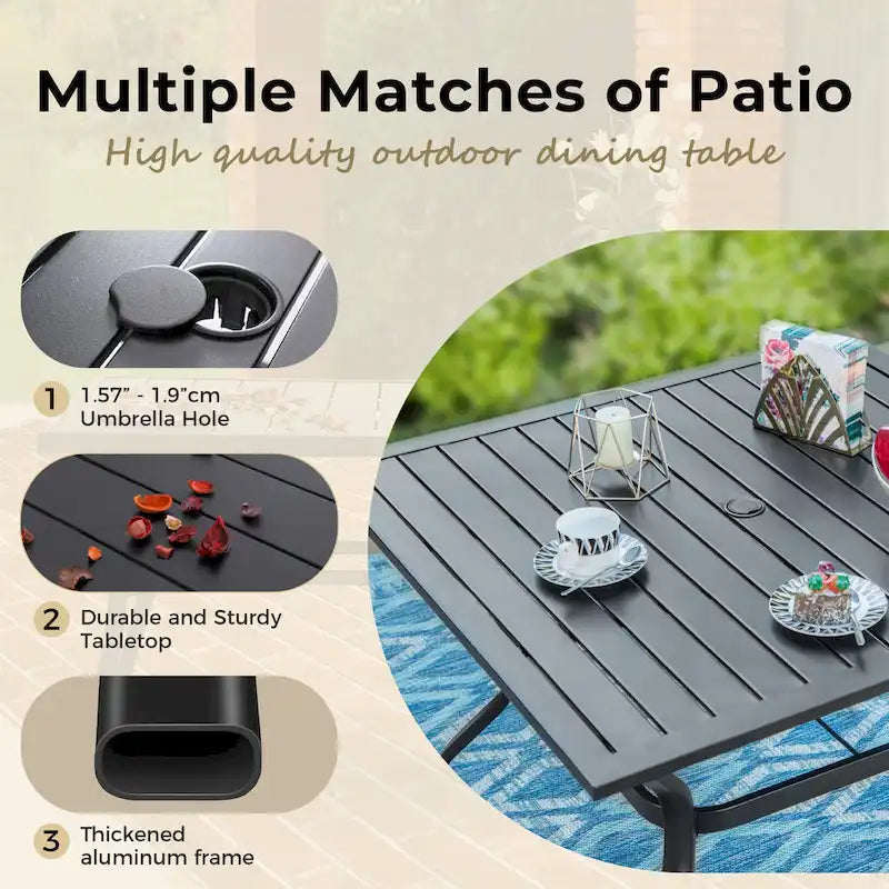 5 Pieces Patio Dining Set, 4 Sling Swivel Chairs and Outdoor/Indoor Multi Role Metal 37  Square Table with 1.57  Umbrella Hole