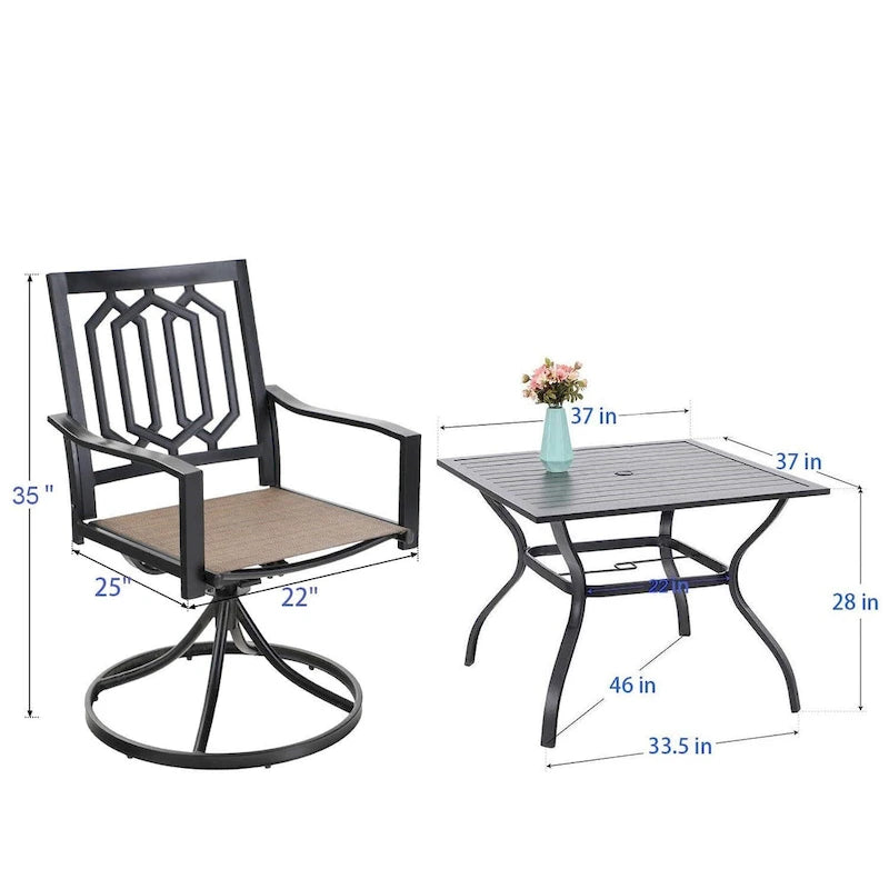 5 Pieces Patio Dining Set, 4 Sling Swivel Chairs and Outdoor/Indoor Multi Role Metal 37  Square Table with 1.57  Umbrella Hole