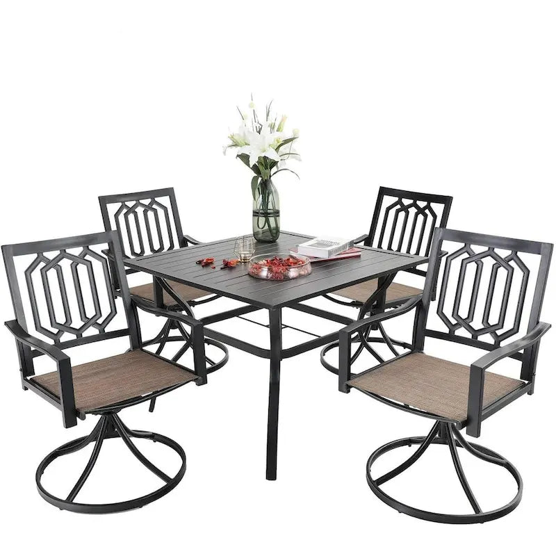 5 Pieces Patio Dining Set, 4 Sling Swivel Chairs and Outdoor/Indoor Multi Role Metal 37  Square Table with 1.57  Umbrella Hole
