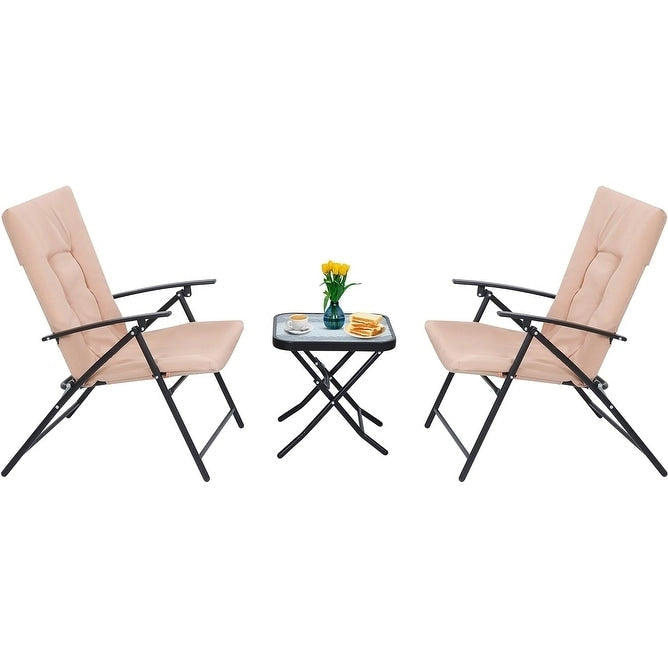 3-Piece Folding Patio Bistro Dining Set, Furniture Set with 2 Folding Reclining Chairs with Cushion and 1 Folding Glass Table