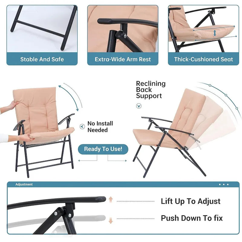 3-Piece Folding Patio Bistro Dining Set, Furniture Set with 2 Folding Reclining Chairs with Cushion and 1 Folding Glass Table