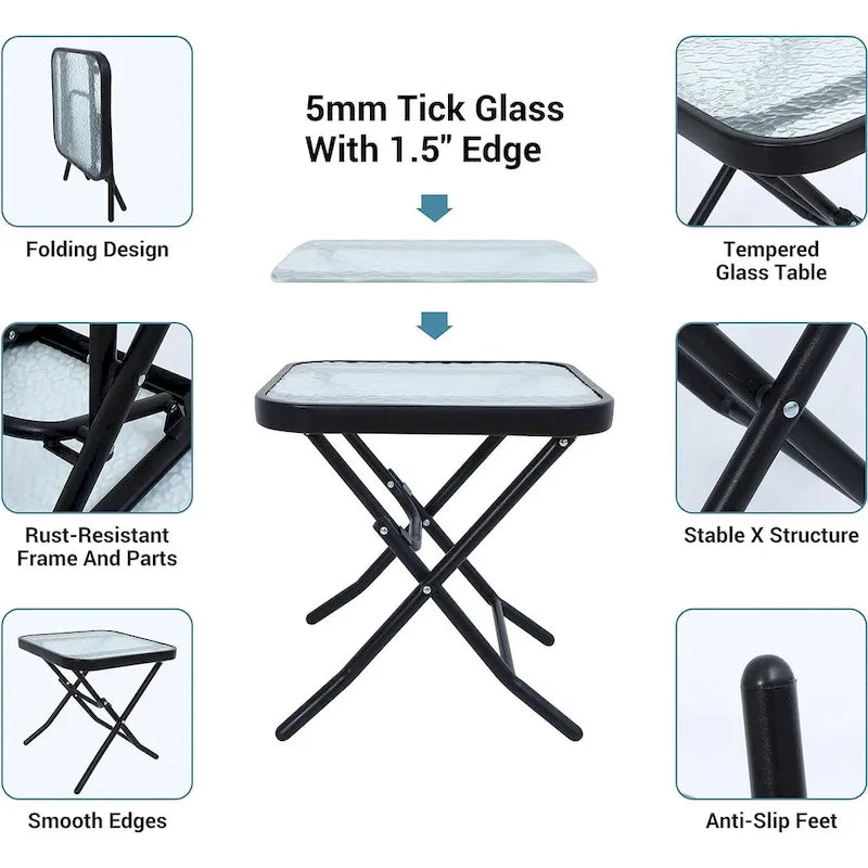 3-Piece Folding Patio Bistro Dining Set, Furniture Set with 2 Folding Reclining Chairs with Cushion and 1 Folding Glass Table