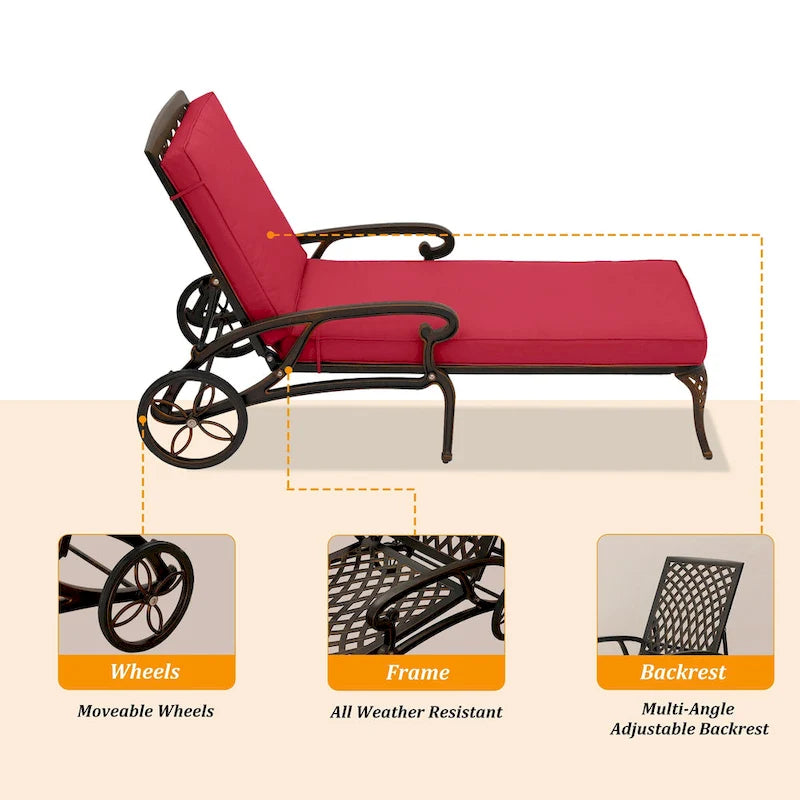 Clihome Cast Alum Folding Reclining Patio Chaise Lounge with Red Cushion