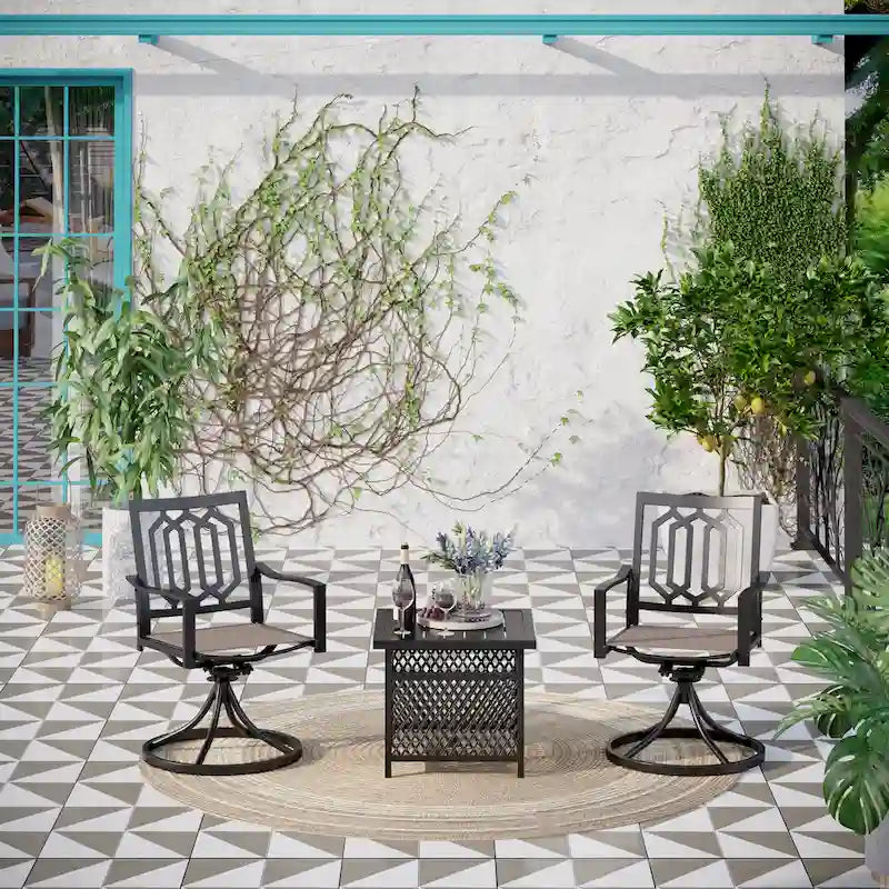 MAISON ARTS 3-Piece Patio Dining Set, 2 Textilene Metal Swivel Chairs and 1 x Wrought Iron Square Table with Umbrella Hole