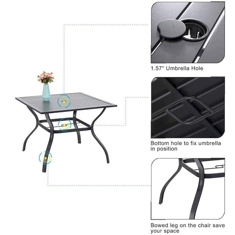 MAISON ARTS 3-Piece Patio Dining Set, 2 Textilene Metal Swivel Chairs and 1 x Wrought Iron Square Table with Umbrella Hole