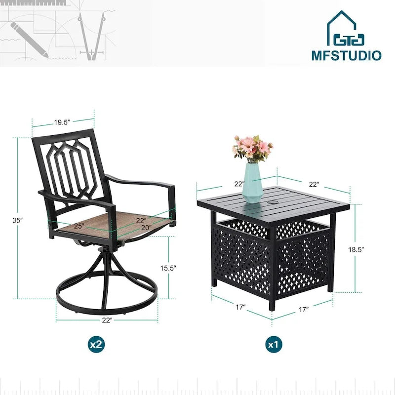 MAISON ARTS 3-Piece Patio Dining Set, 2 Textilene Metal Swivel Chairs and 1 x Wrought Iron Square Table with Umbrella Hole