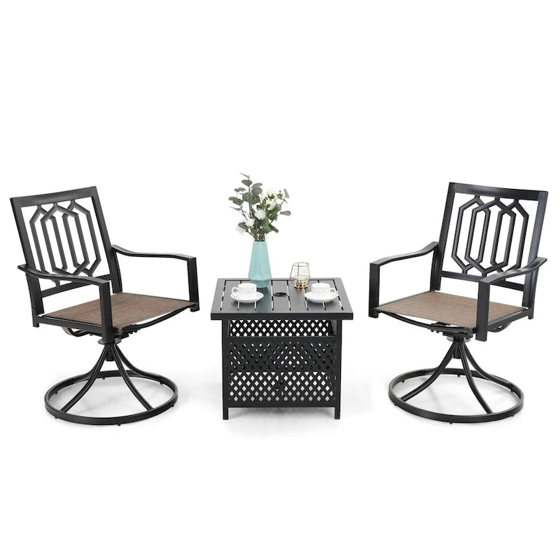 MAISON ARTS 3-Piece Patio Dining Set, 2 Textilene Metal Swivel Chairs and 1 x Wrought Iron Square Table with Umbrella Hole